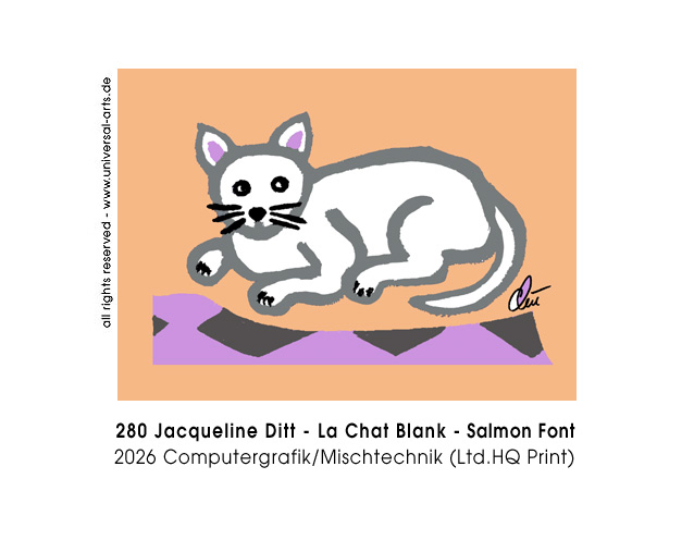 Jacqueline Ditt - La Chat Blanc - Salmon Font (Die Weisse Katze - Lachsfarbener Hintergrund)