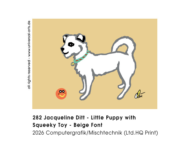 Jacqueline Ditt - Little Puppy with Squeeky Toy - Beige  Font (Kleine Welpin mit Quietschespielzeug - Beiger Hintergrund)